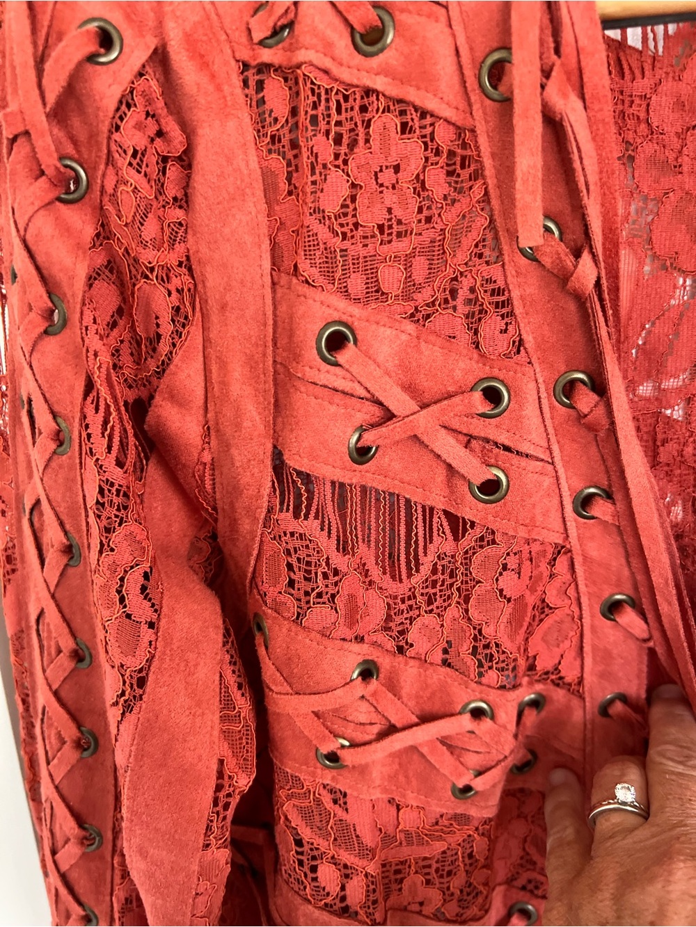 Vocal Coral Lace Fringe Leather-Accent Jacket - Picture 3 of 7